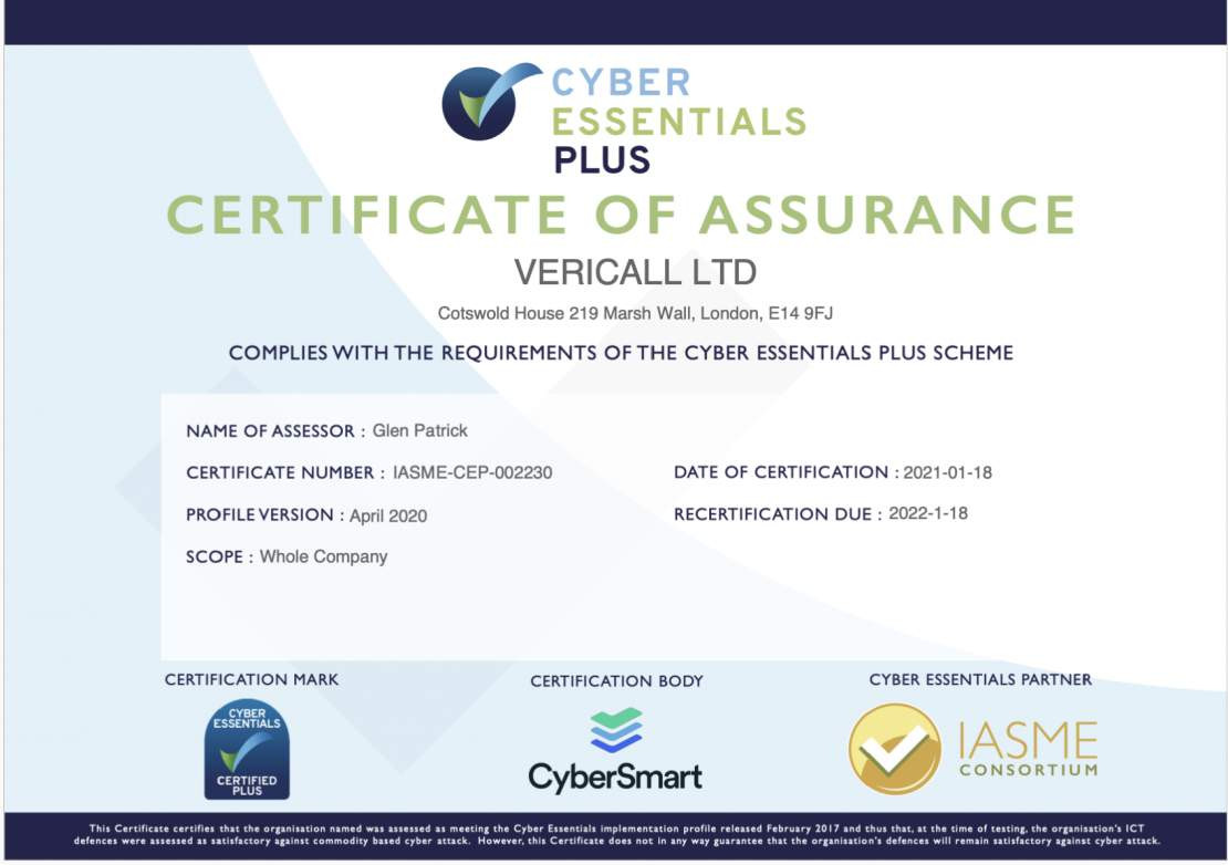 VeriCall is awarded Cyber Essentials Plus Certificate of Assurance