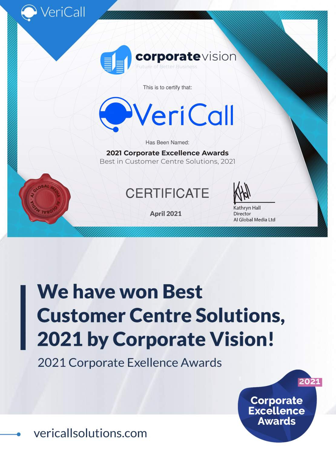 VeriCall Wins Best  In Customer Centre Solutions Award in AI Global Media’s 2021 Business Elite Awards