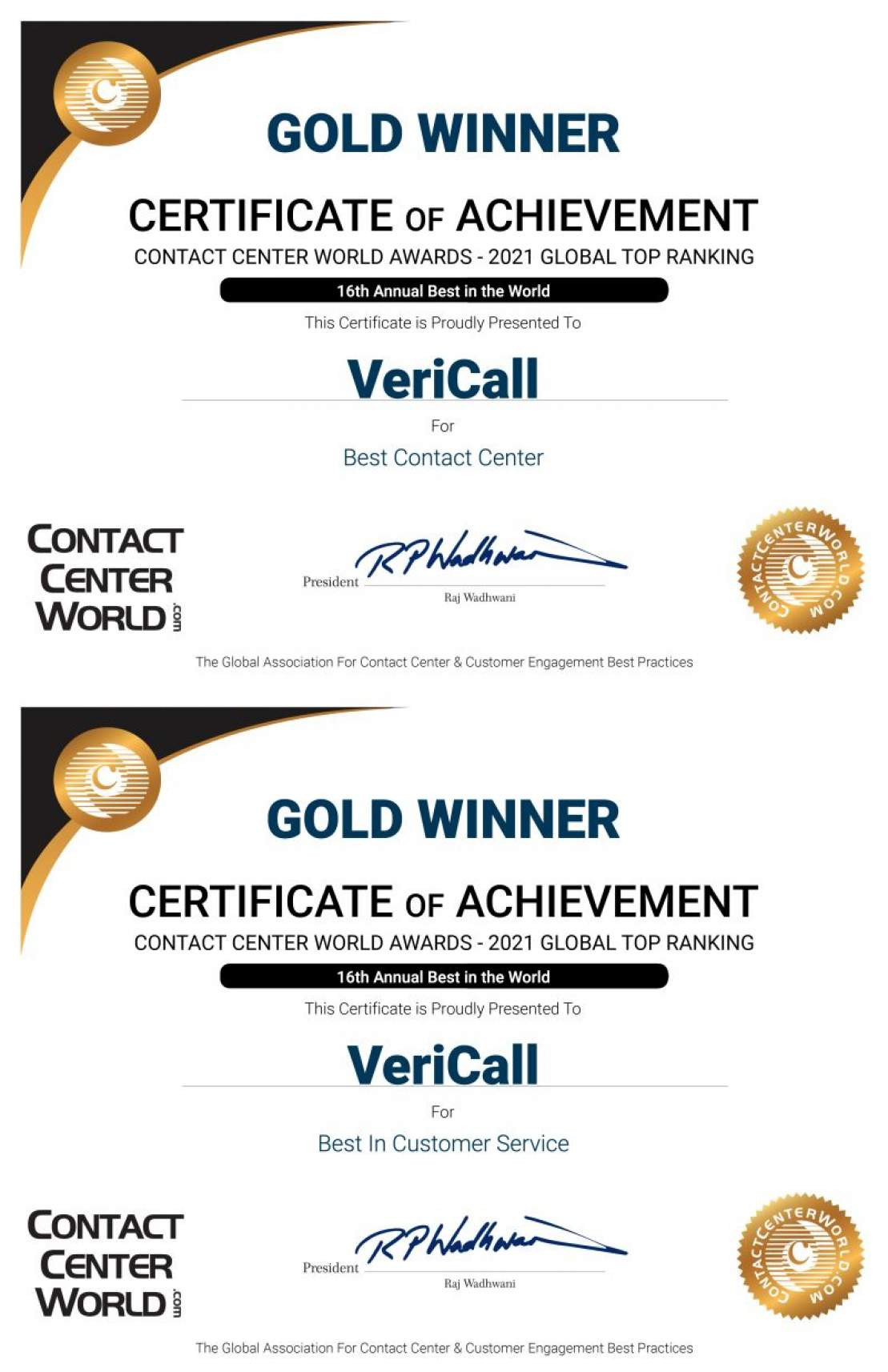 Not once, but twice in a row VeriCall has been recognized as the Best In the World!